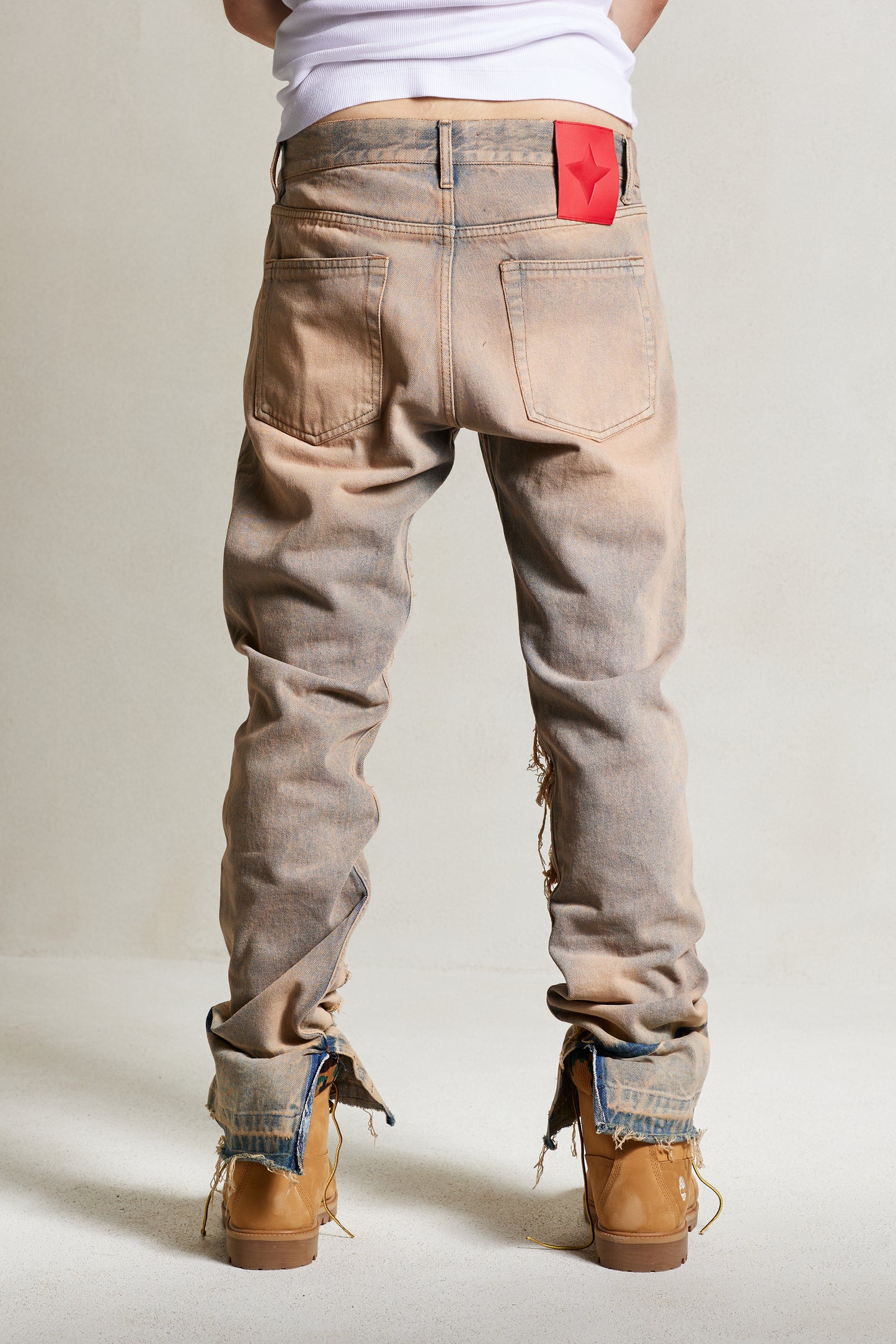 WONDERKID UNISEX 14OZ DISTRESSED DENIM JEANS STRAIGHT FIT COLOR WASH PATCHED SITRESSING BACK