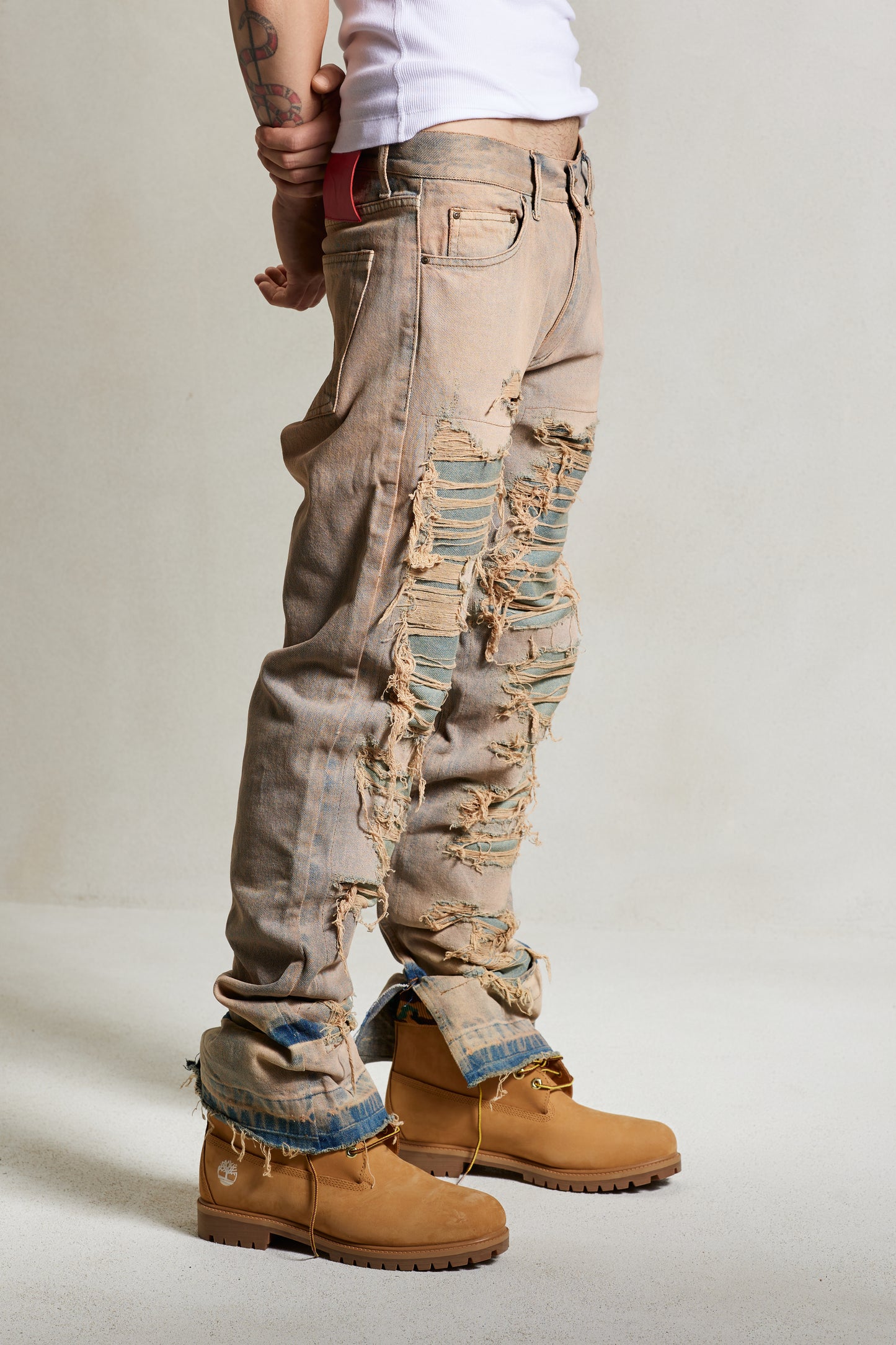 WONDERKID 14OZ UNISEX DISTRESSED DENIM JEANS PATCHED COLORED WASH