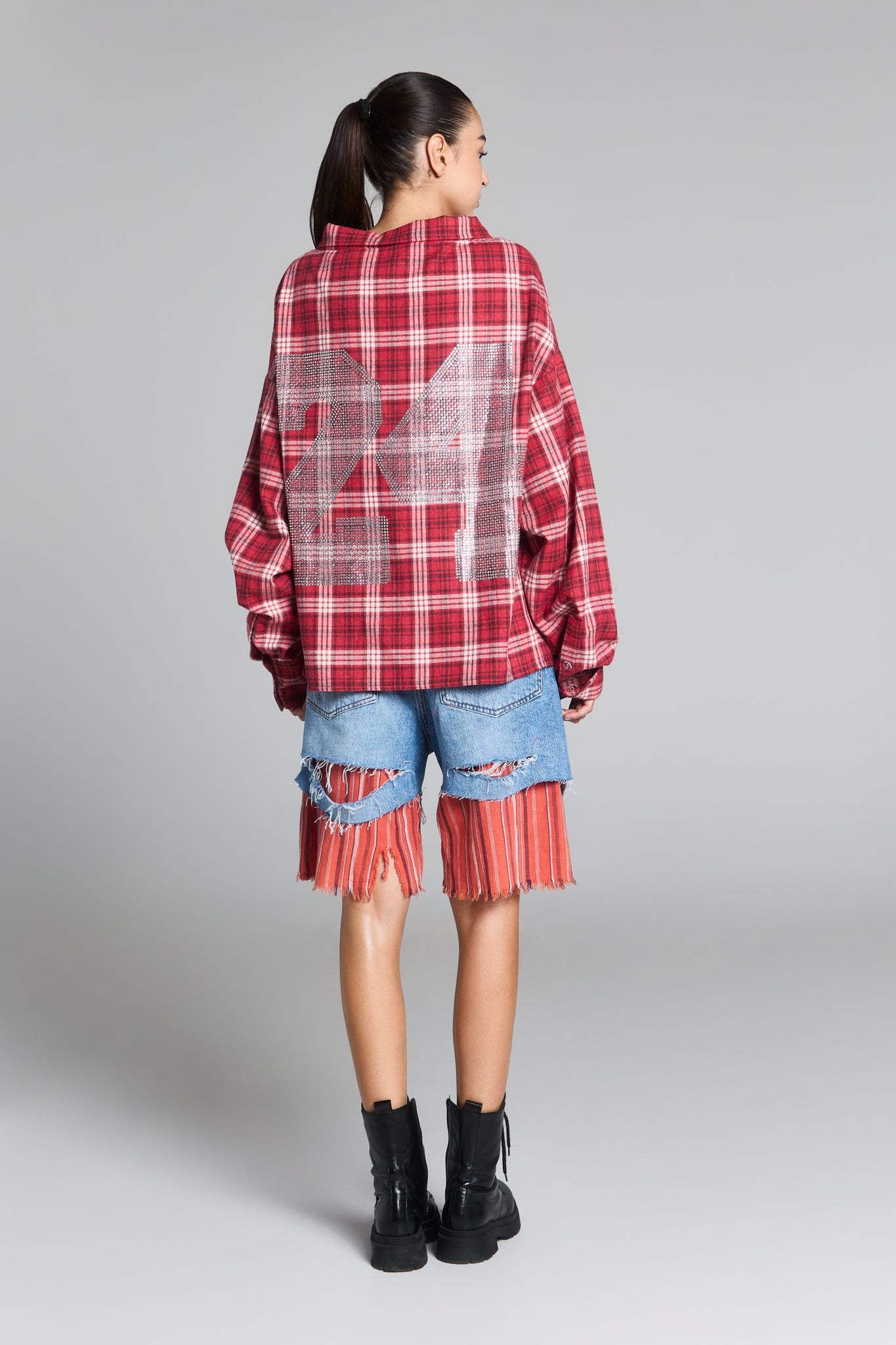 100% LUXURY PLAID COTTON RHINESTONE BACK PRINT OVERSIZED FIT UNISEX STYLE