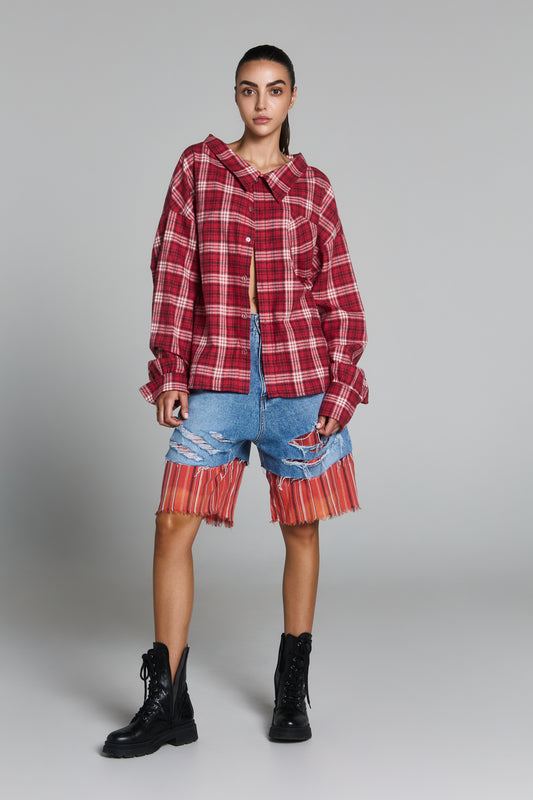 100% LUXURY PLAID COTTON RHINESTONE BACK PRINT OVERSIZED FIT UNISEX STYLE