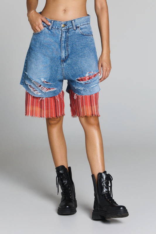 WONDERKID LAYERED JORTS 100% COTTON DENIM 14OZ 50%COTTON 50% LINEN LINING DISTRESS DETAILING UNISEX OVERSIZE FIT