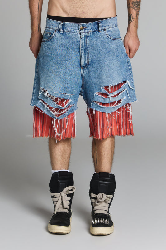 WONDERKID LAYERED JORTS 100% COTTON DENIM 14OZ 50%COTTON 50% LINEN LINING DISTRESS DETAILING UNISEX OVERSIZE FIT